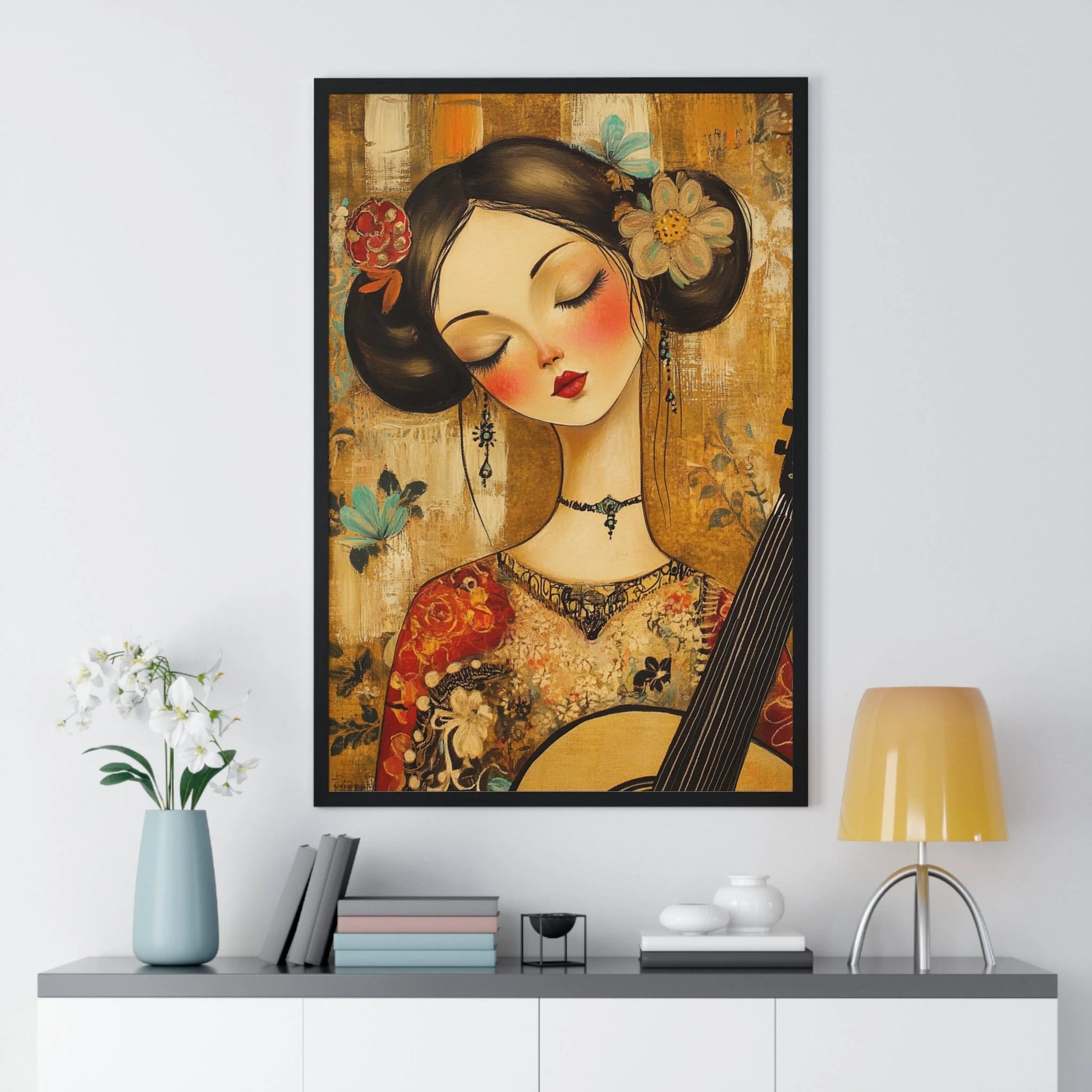 Buy The Best framed portrait woman guitar traditional By Artsulli x Color Printify - Stylized Woman Musician Wood-Framed Poster - 2025