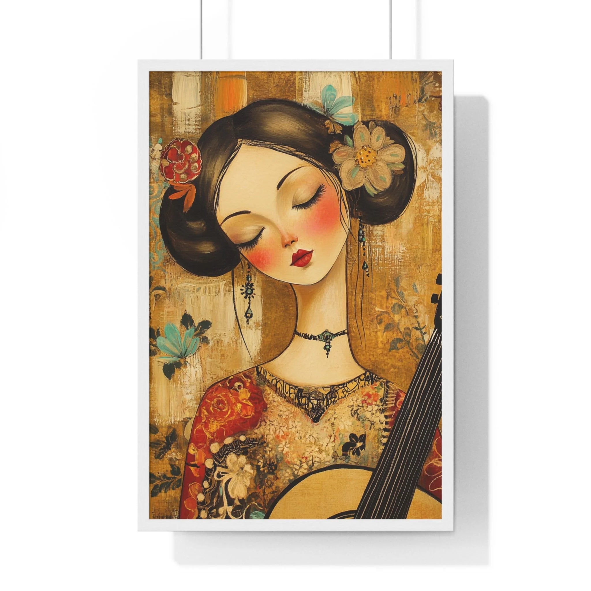 Buy The Best floral kimono dress intricate embroidery By Artsulli x Color Printify - Stylized Woman Musician Wood-Framed Poster - 2025