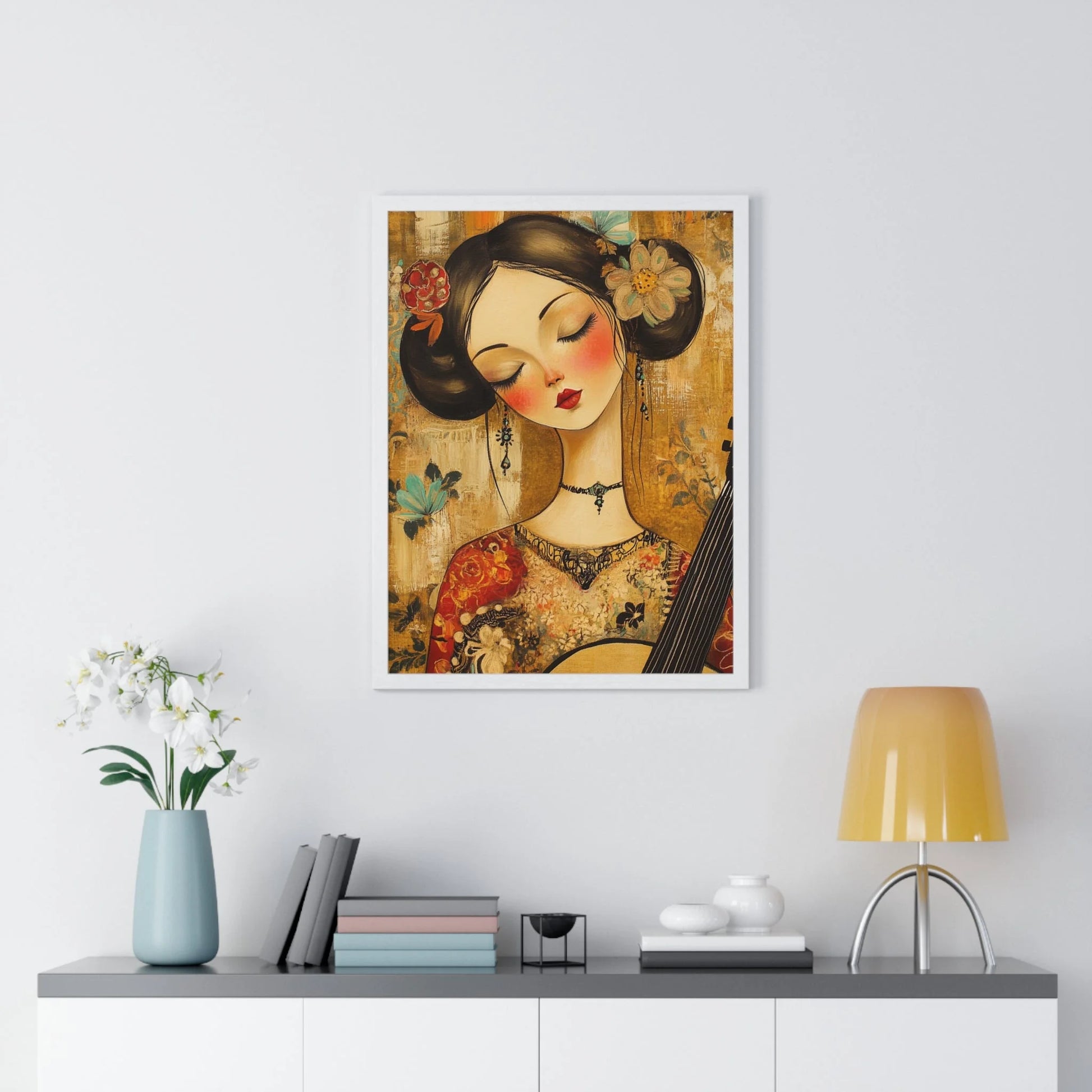 Buy The Best gold red floral patterned wall By Artsulli x Color Printify - Stylized Woman Musician Wood-Framed Poster - 2025