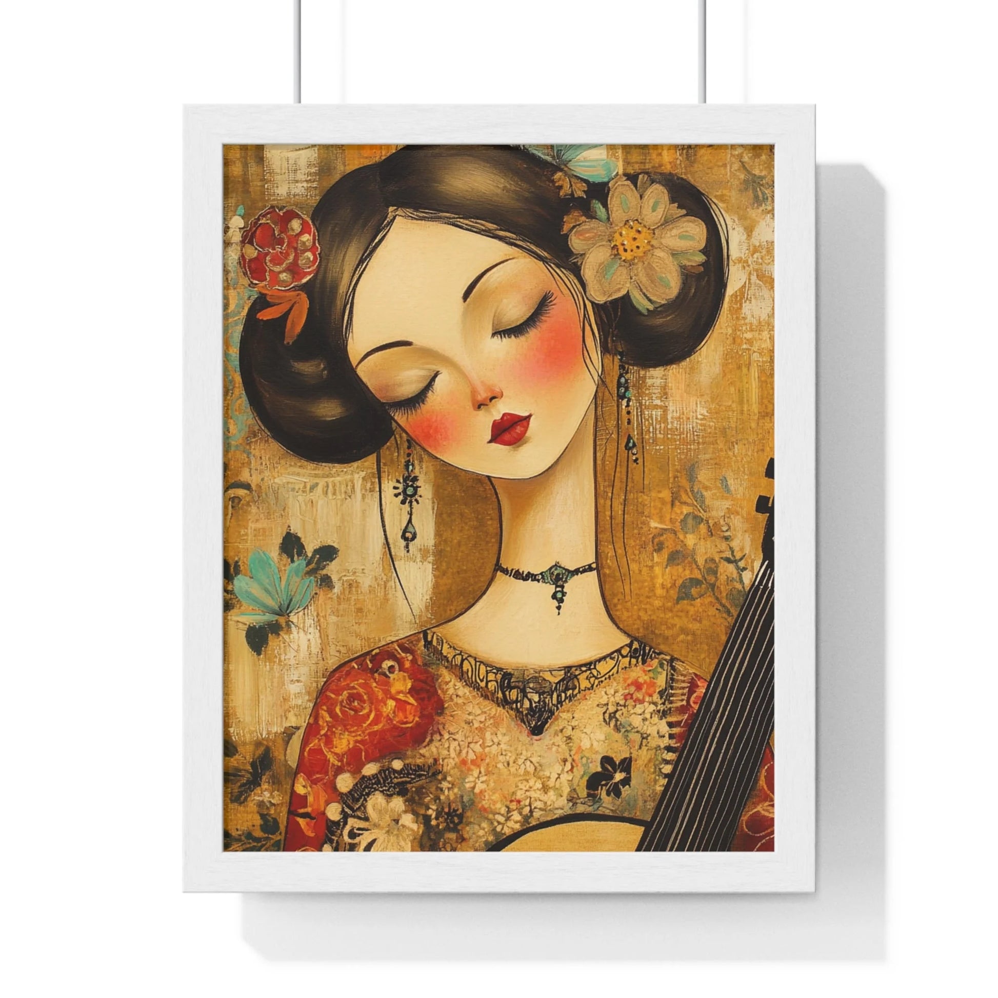 Buy The Best floral-patterned geisha art print intricate By Artsulli x Color Printify - Stylized Woman Musician Wood-Framed Poster - 2025