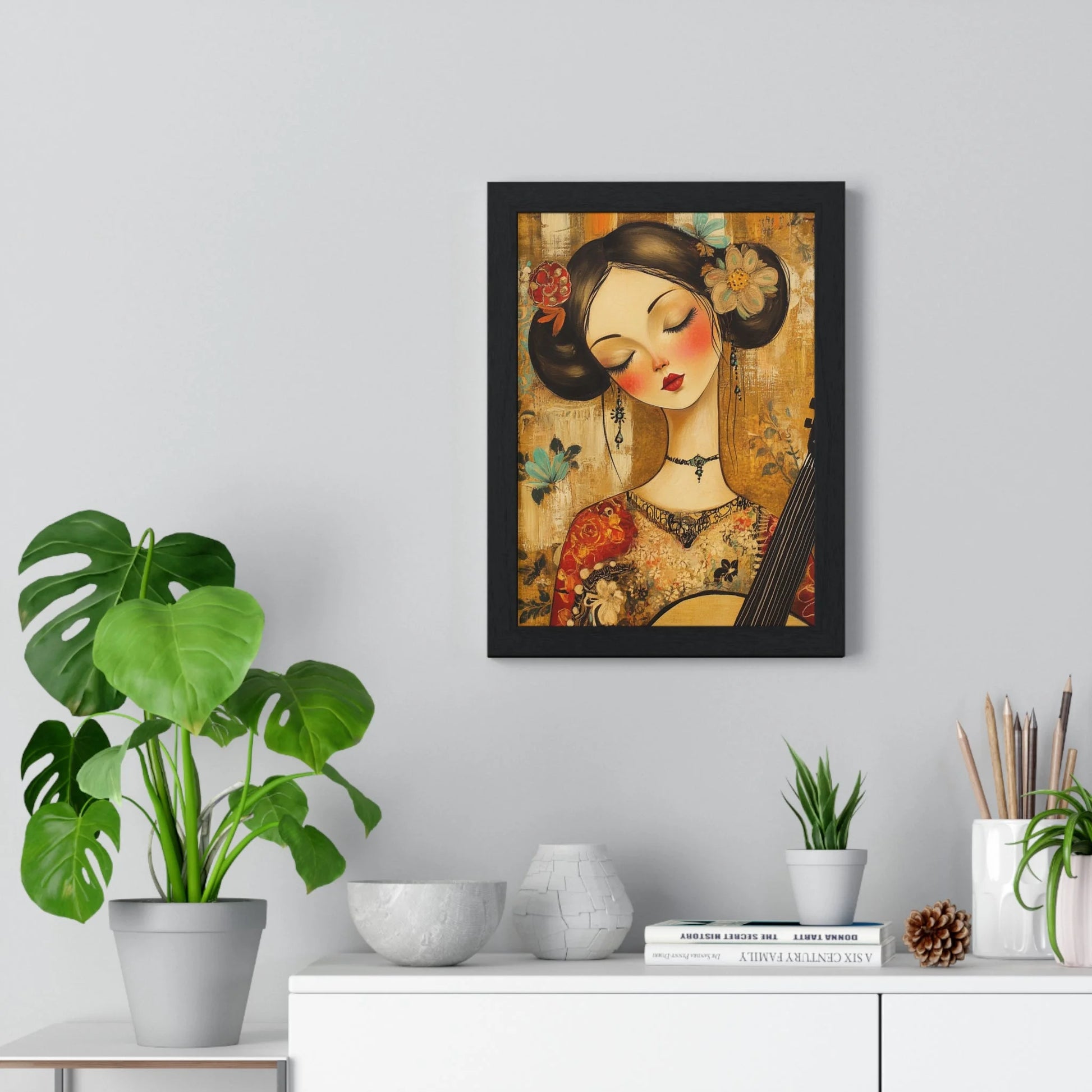 Buy The Best framed portrait woman traditional attire By Artsulli x Color Printify - Stylized Woman Musician Wood-Framed Poster - 2025