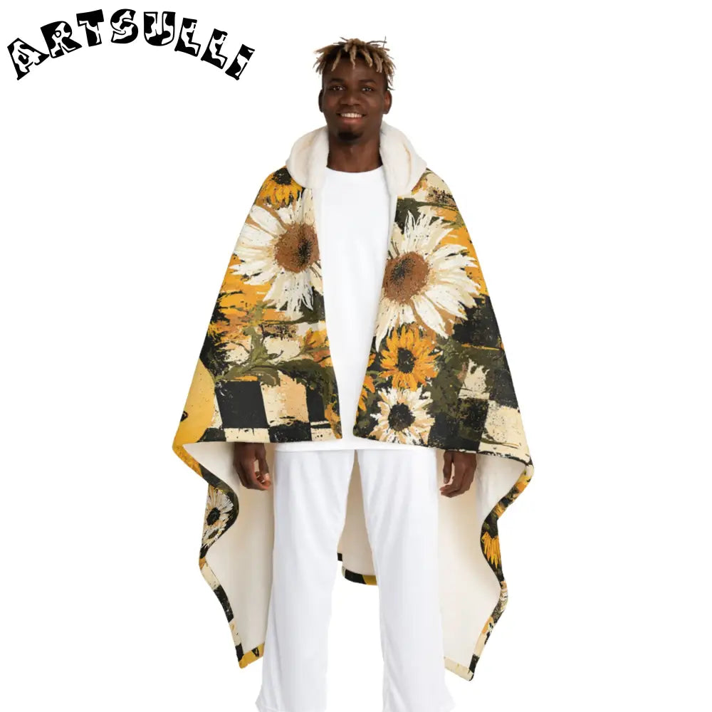 Sunflower Checkered Hooded Sherpa Fleece Blanket, Artsulli - Art is Long, Life is Short, All Over Prints, Size, One size, Color, Cream, , , 32337477433868589559