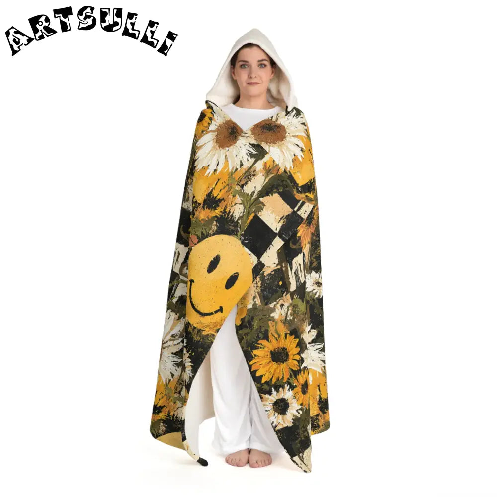 Sunflower Checkered Hooded Sherpa Fleece Blanket, Artsulli - Art is Long, Life is Short, All Over Prints, , , , , , , 