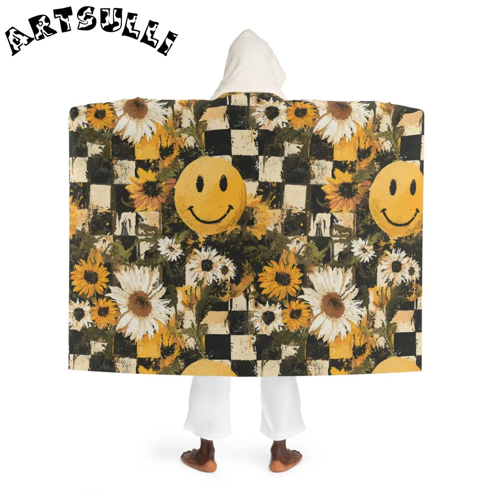 Sunflower Checkered Hooded Sherpa Fleece Blanket, Artsulli - Art is Long, Life is Short, All Over Prints, , , , , , , 