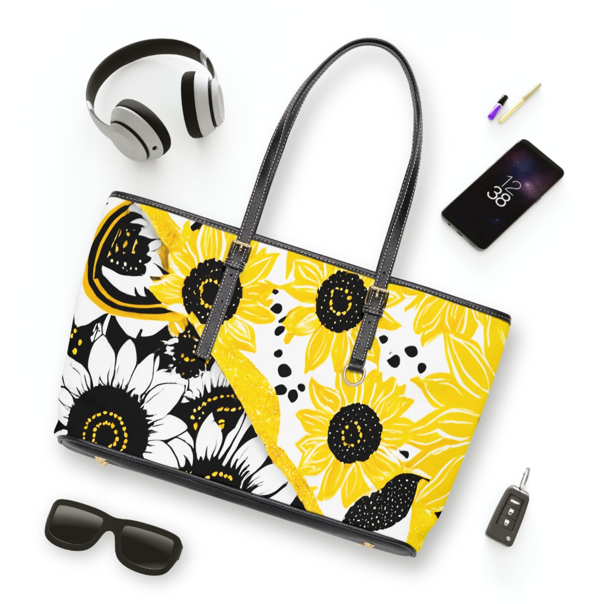 Sunflower Print PU Leather Shoulder Bag, Artsulli - Art is Long, Life is Short, Bags, , , , , , , 