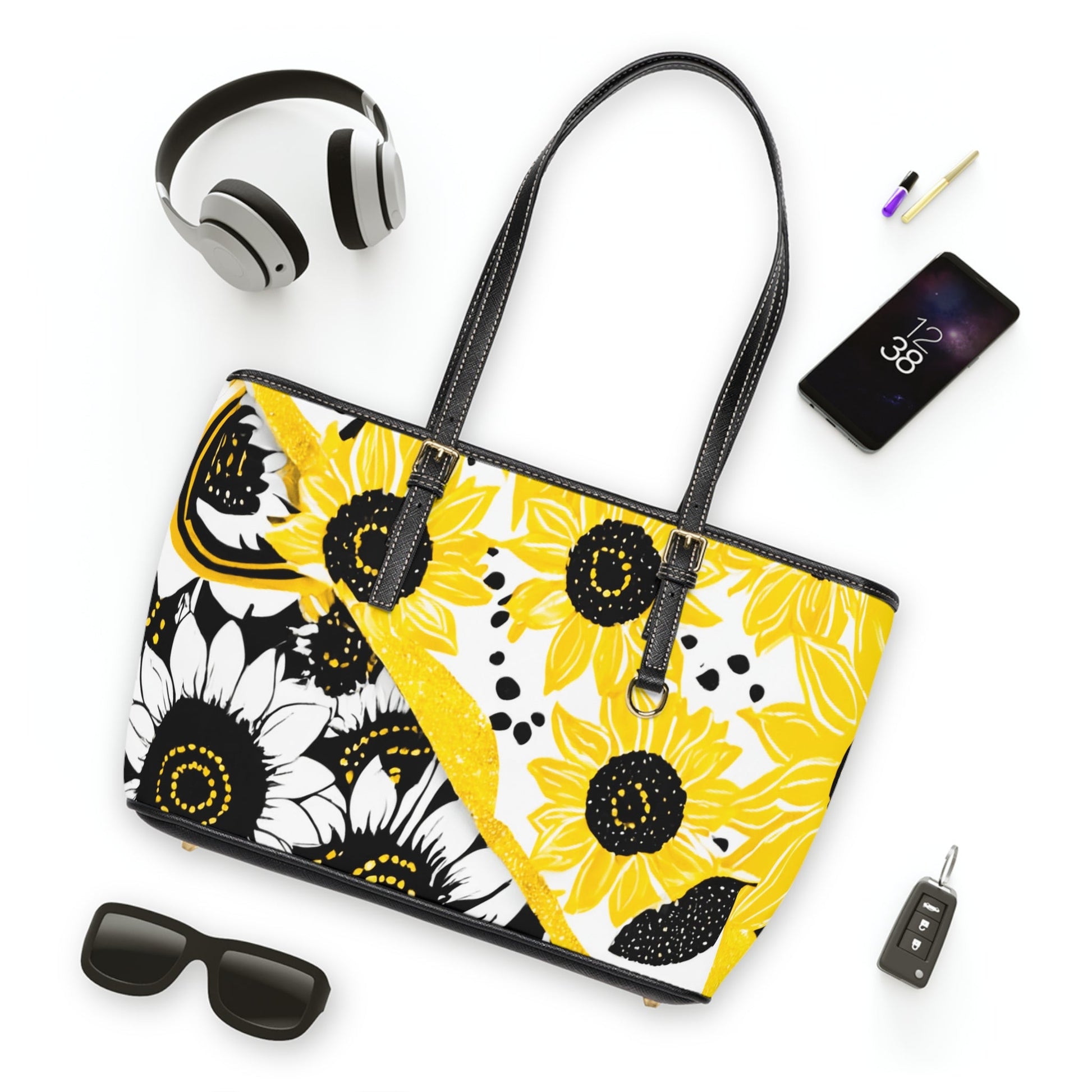Sunflower Print PU Leather Shoulder Bag, Artsulli - Art is Long, Life is Short, Bags, , , , , , , 