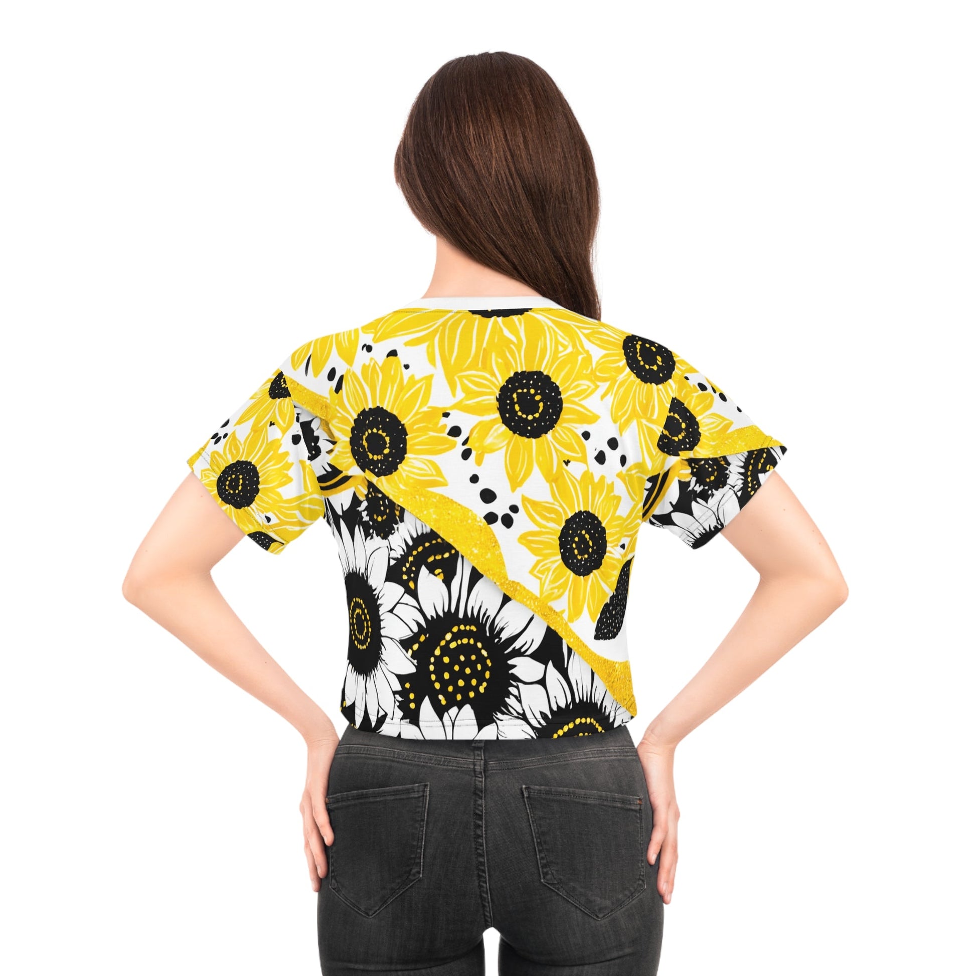 Sunflower Split Design Crop Tee, Artsulli - Art is Long, Life is Short, All Over Prints, , , , , , , 