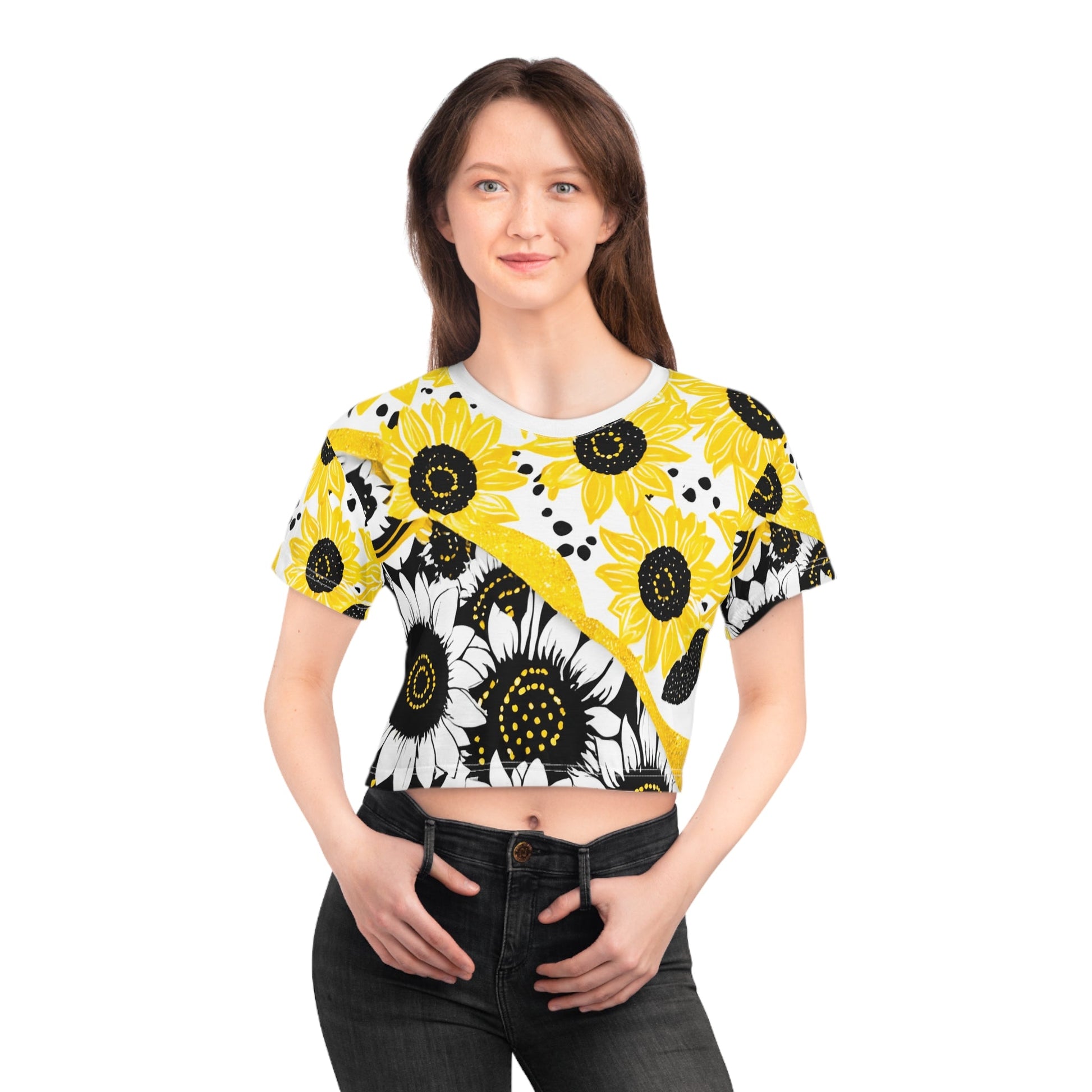 Sunflower Split Design Crop Tee, Artsulli - Art is Long, Life is Short, All Over Prints, , , , , , , 