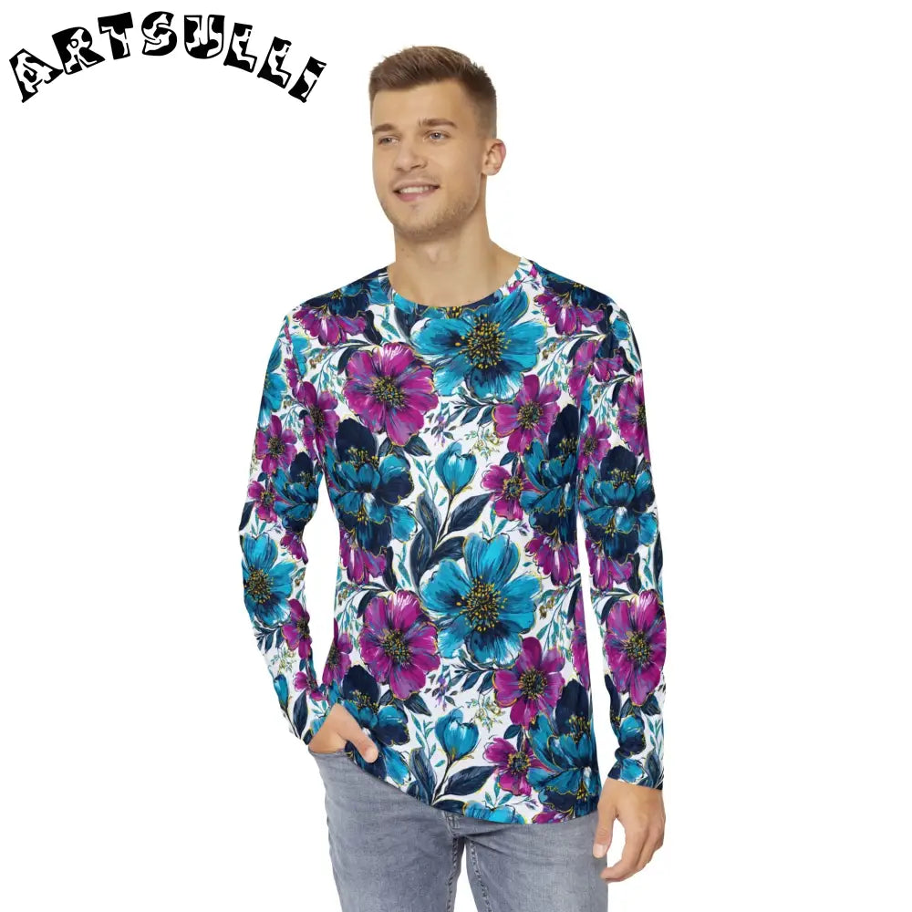Teal and Magenta Floral Long Sleeve Shirt, Artsulli - Art is Long, Life is Short, All Over Prints, , , , , , , 