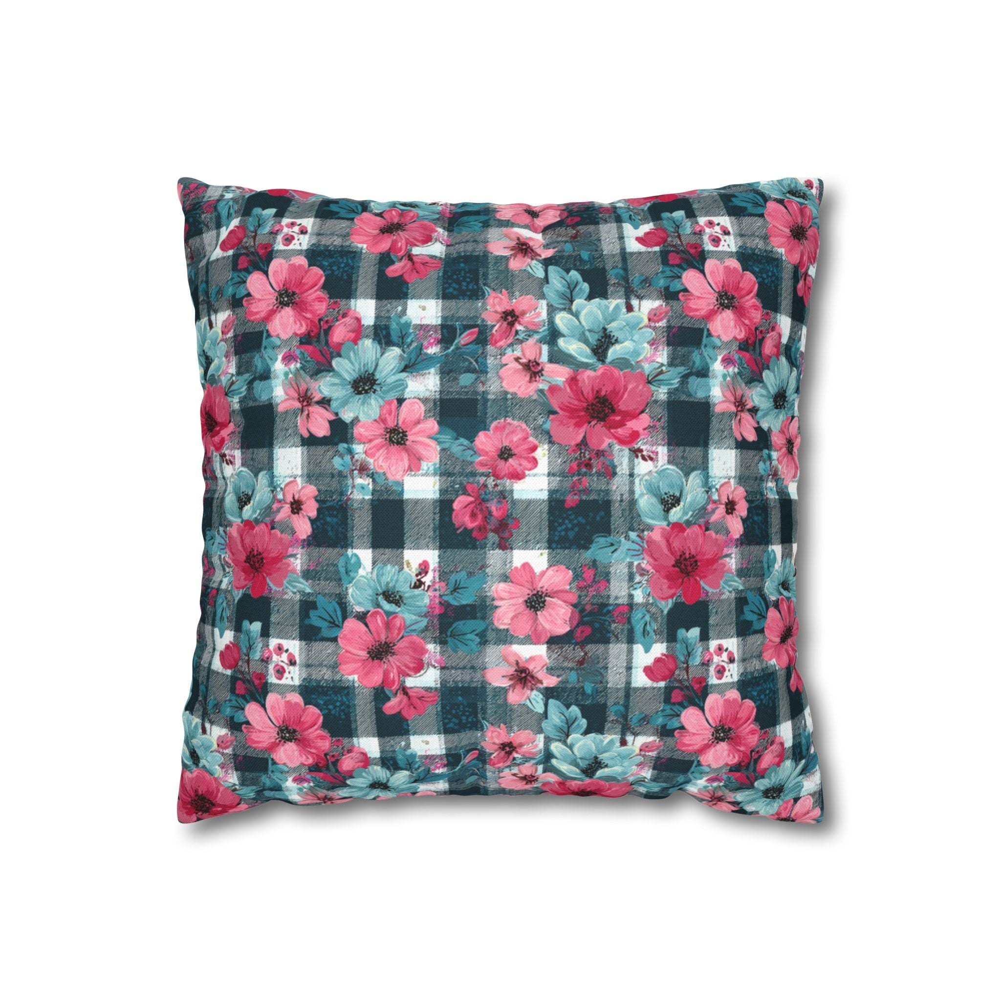 Teal and Pink Floral Buffalo Check Pillow, Artsulli - Art is Long, Life is Short, Home Decor, Size, 14" × 14", , , , , 13054803501566185888