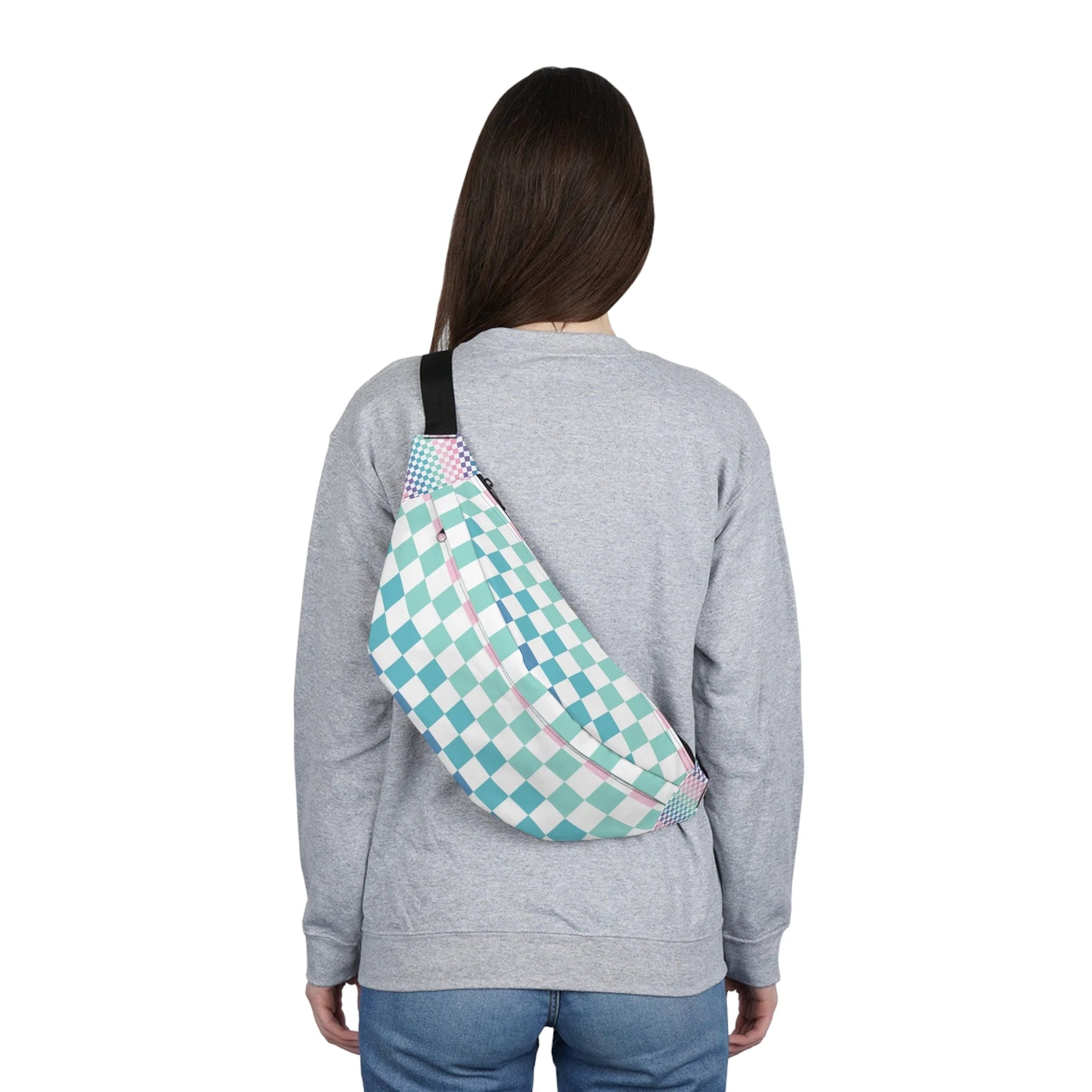 Teal Checkered Custom Print Fanny Pack, Artsulli - Art is Long, Life is Short, Bags, , , , , , , 