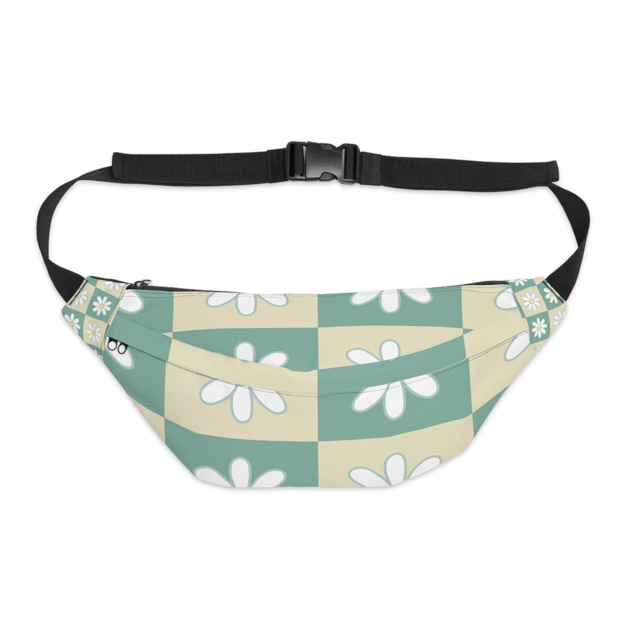 Teal Daisy Checkerboard Print Fanny Pack, Artsulli - Art is Long, Life is Short, Bags, Size, 8" × 9" × 4'', , , , , 90694768374905479443
