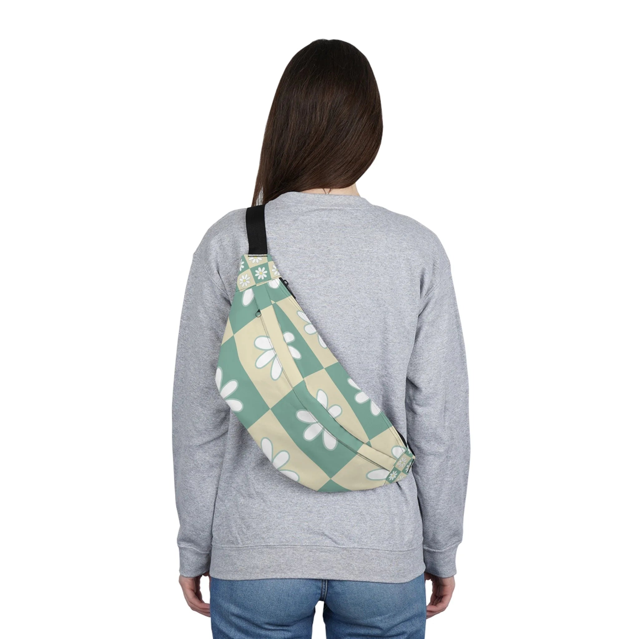 Teal Daisy Checkerboard Print Fanny Pack, Artsulli - Art is Long, Life is Short, Bags, , , , , , , 
