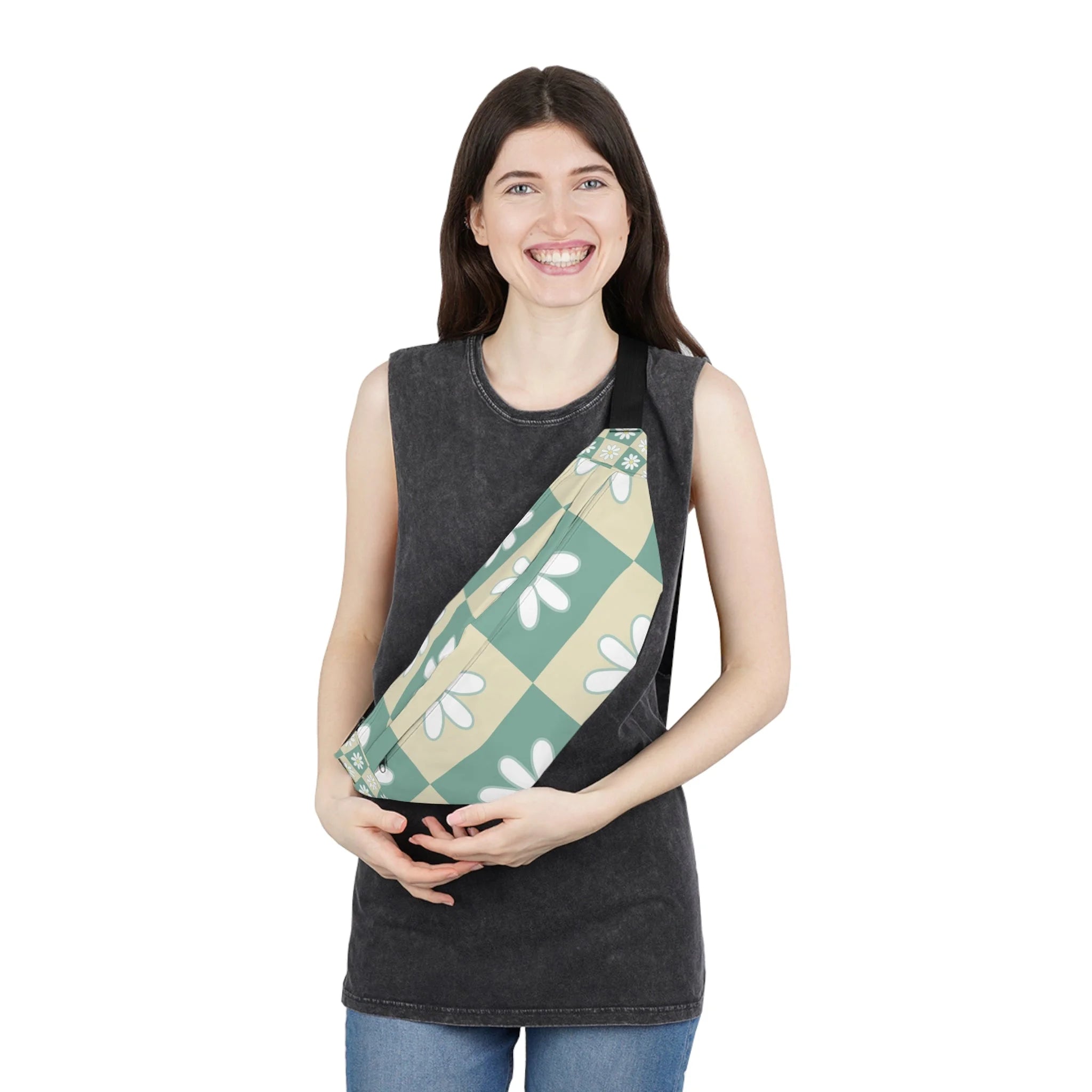 Teal Daisy Checkerboard Print Fanny Pack, Artsulli - Art is Long, Life is Short, Bags, , , , , , , 