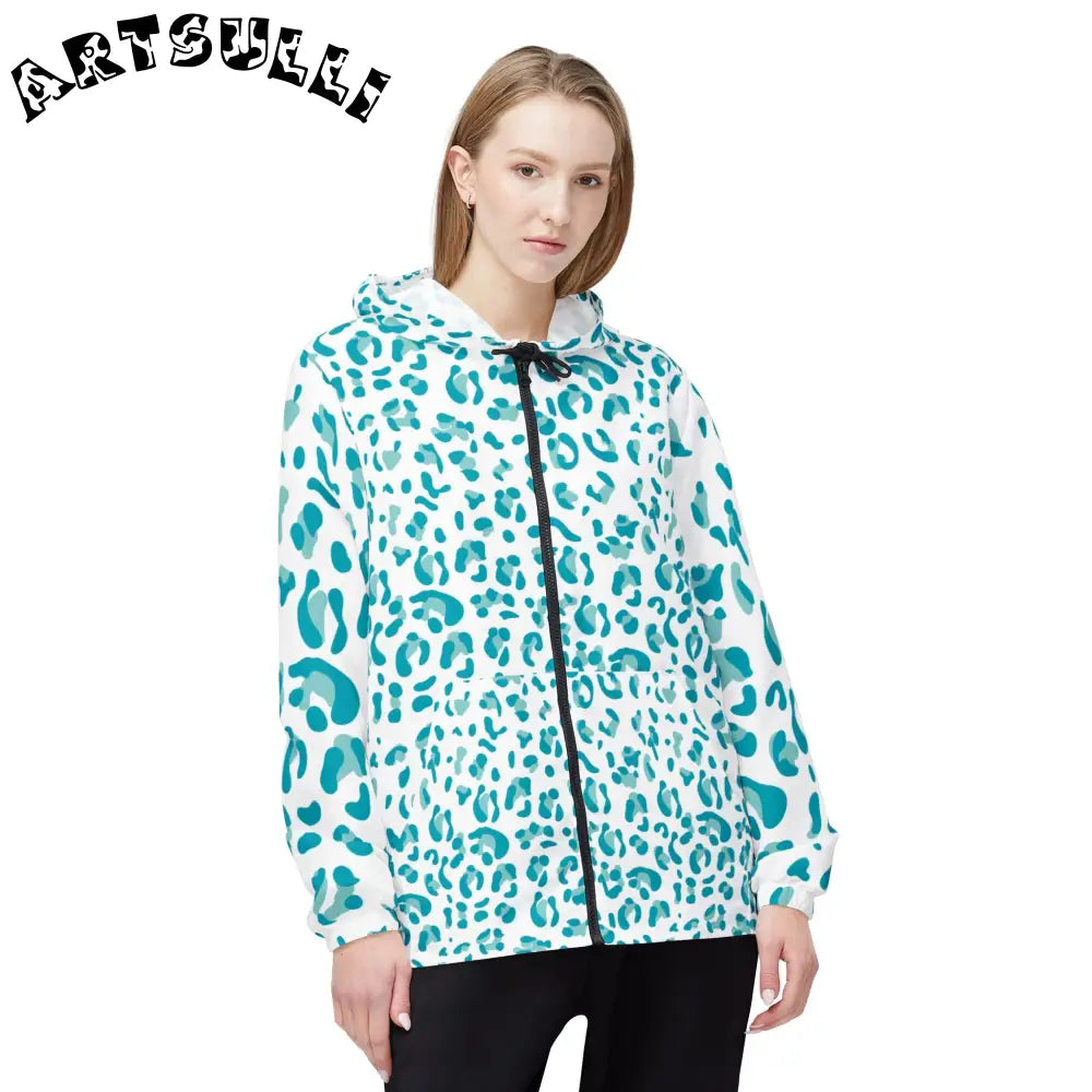 Teal Leopard Print Windbreaker Jacket, Artsulli - Art is Long, Life is Short, Outerwear, , , , , , , 