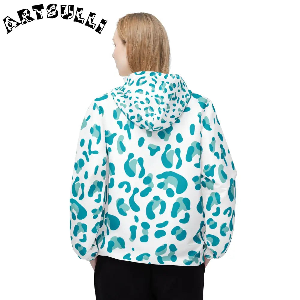 Teal Leopard Print Windbreaker Jacket, Artsulli - Art is Long, Life is Short, Outerwear, , , , , , , 