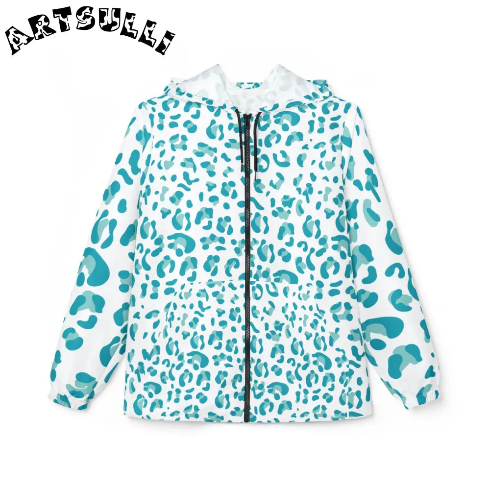 Teal Leopard Print Windbreaker Jacket, Artsulli - Art is Long, Life is Short, Outerwear, Size, XS, , , , , 78441523892595717537