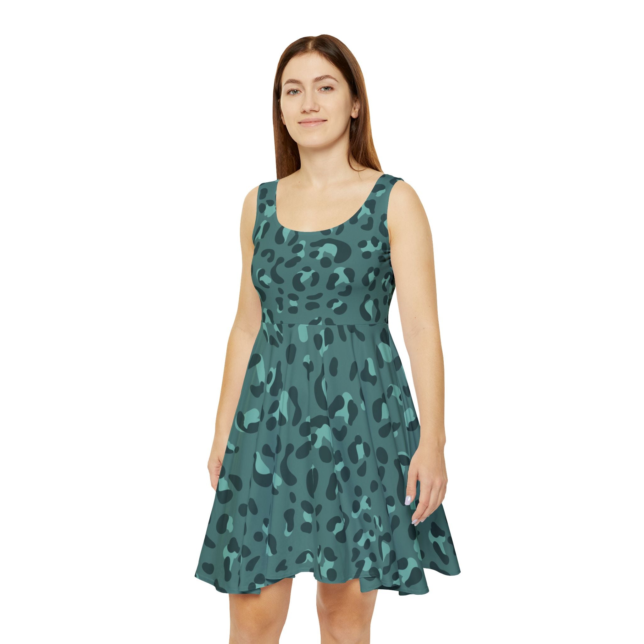 Teal Leopard Sleeveless Skater Dress, Artsulli - Art is Long, Life is Short, All Over Prints, , , , , , , 