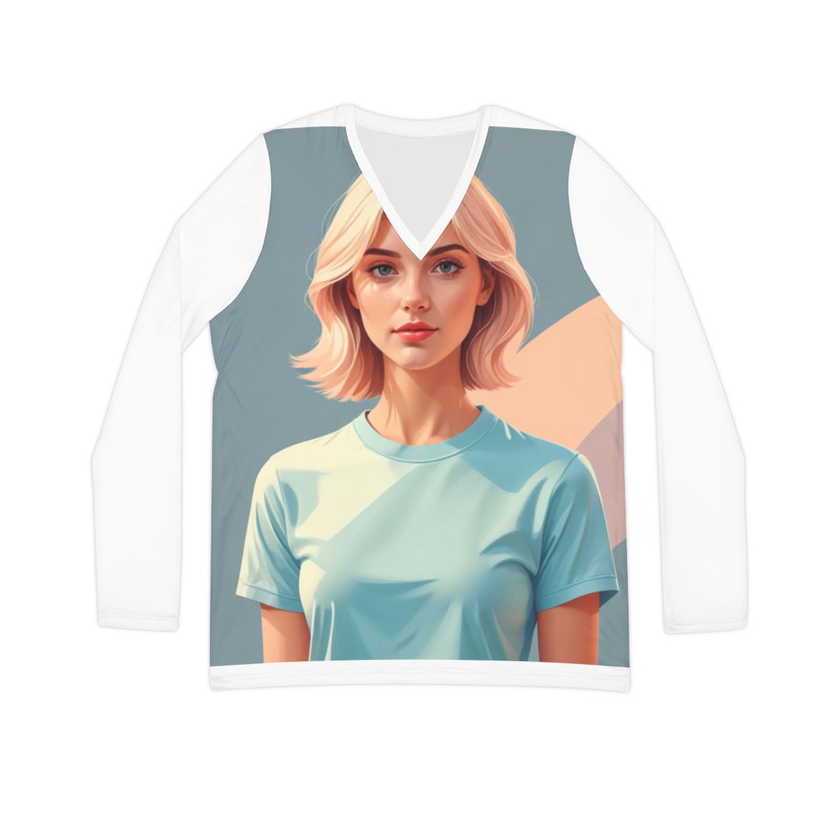 Teal & Pastel Vision Gray  Women's Long Sleeve V-neck Shirt (AOP)