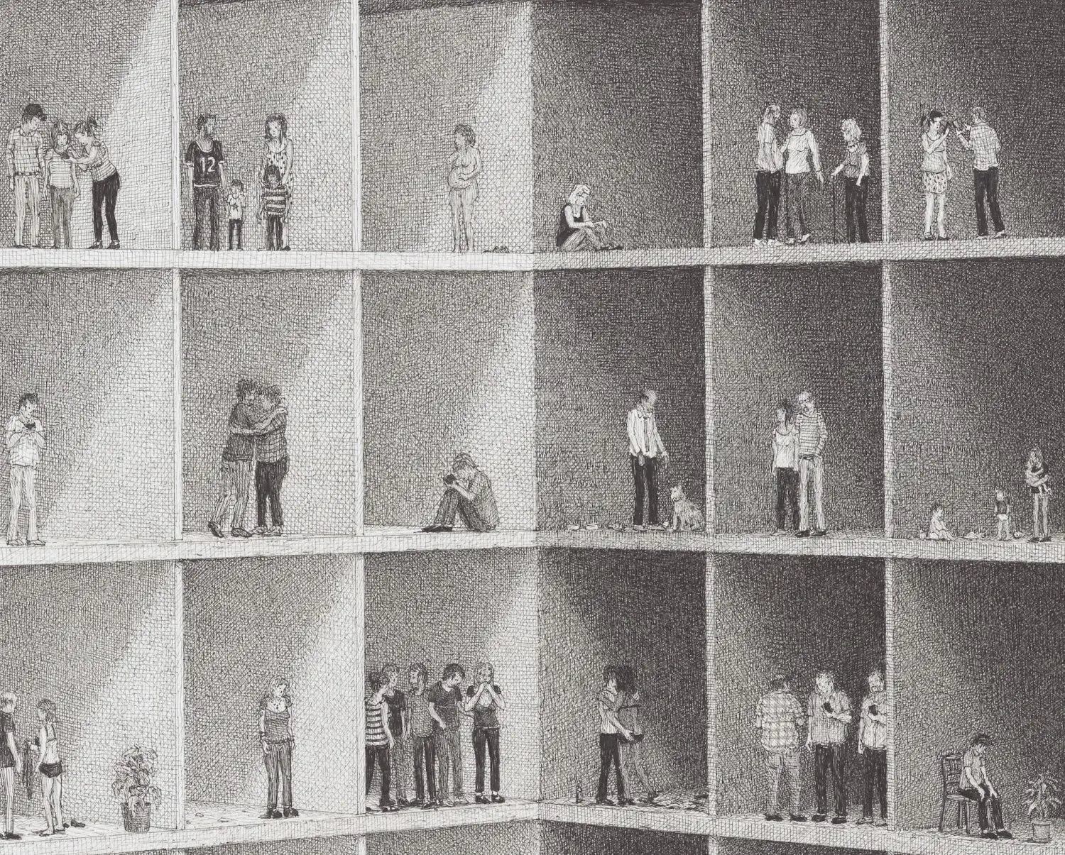 a detail of an elaborate ink drawing by Ben Tolman of figures in an abstract building complex, milling around doing different activities in their individual boxes