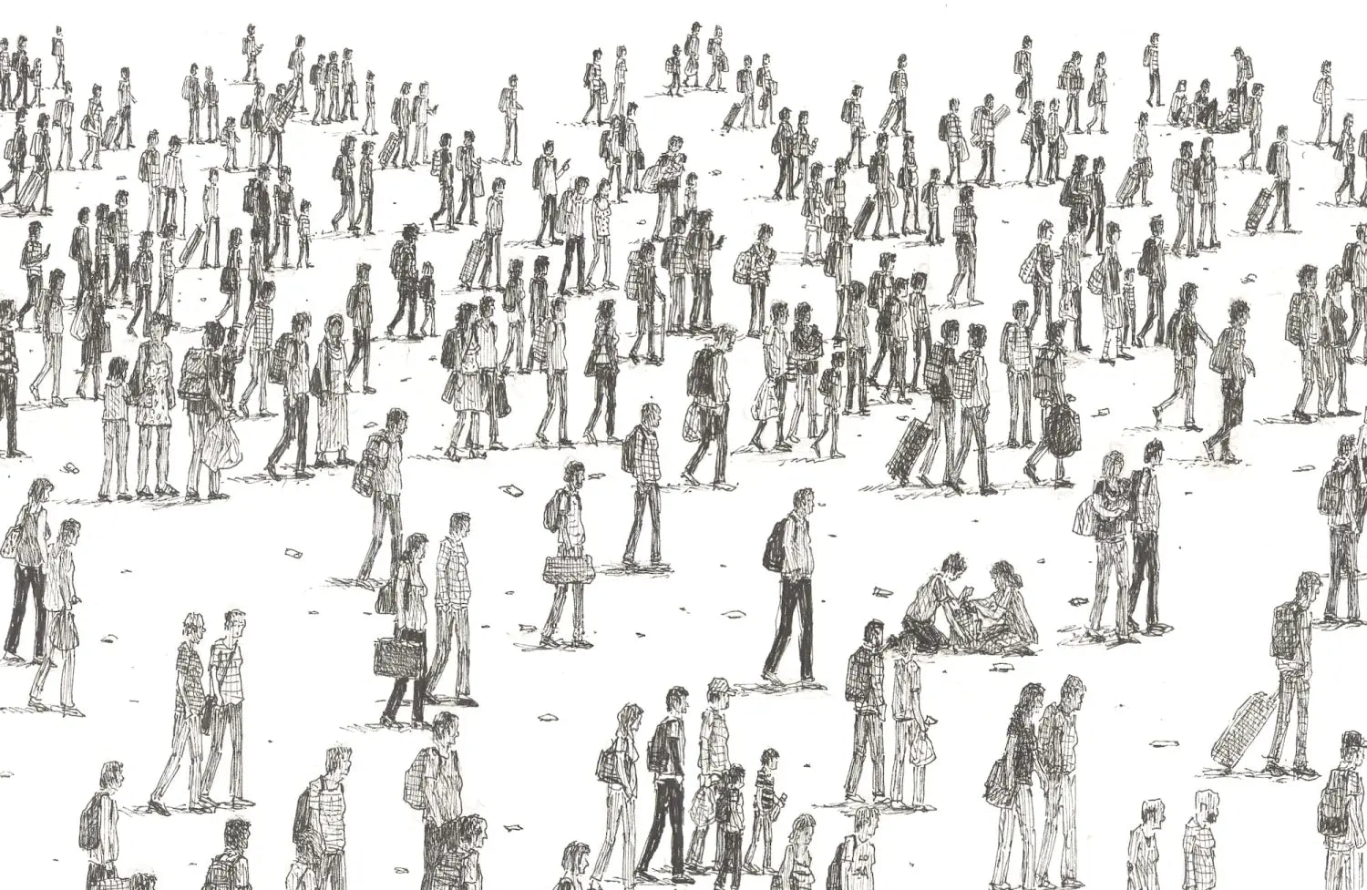 a detail of an elaborate ink drawing by Ben Tolman of figures meandering and biking around among each other without purpose