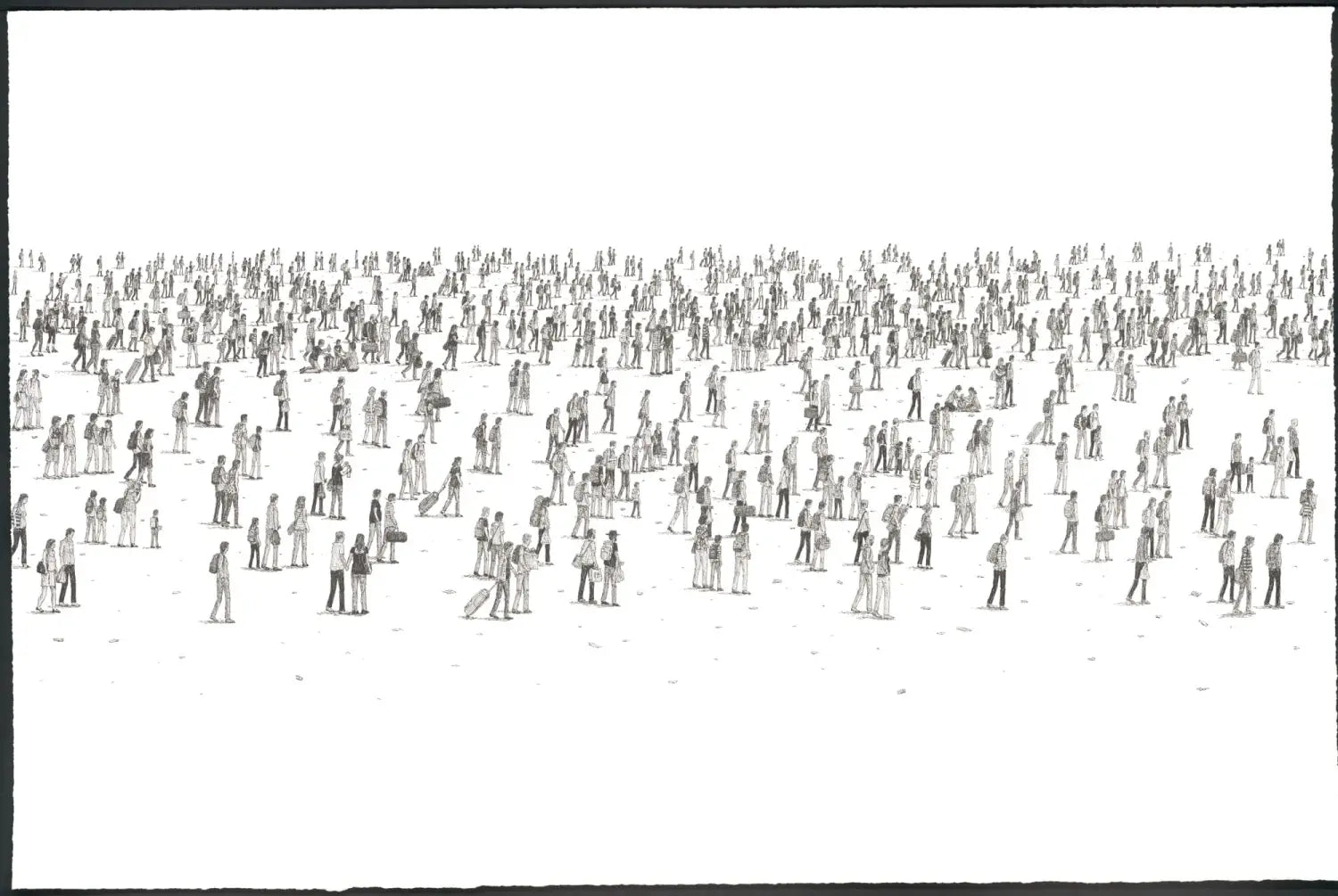 an elaborate ink drawing by Ben Tolman of figures meandering and biking around among each other without purpose