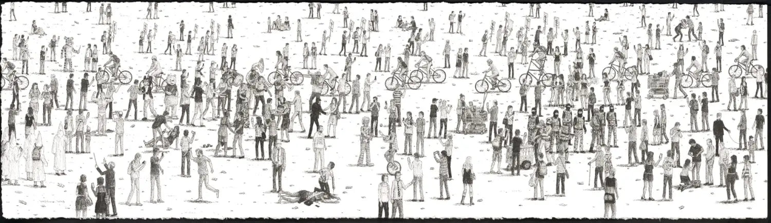 an elaborate ink drawing by Ben Tolman of figures meandering and biking around among each other without purpose