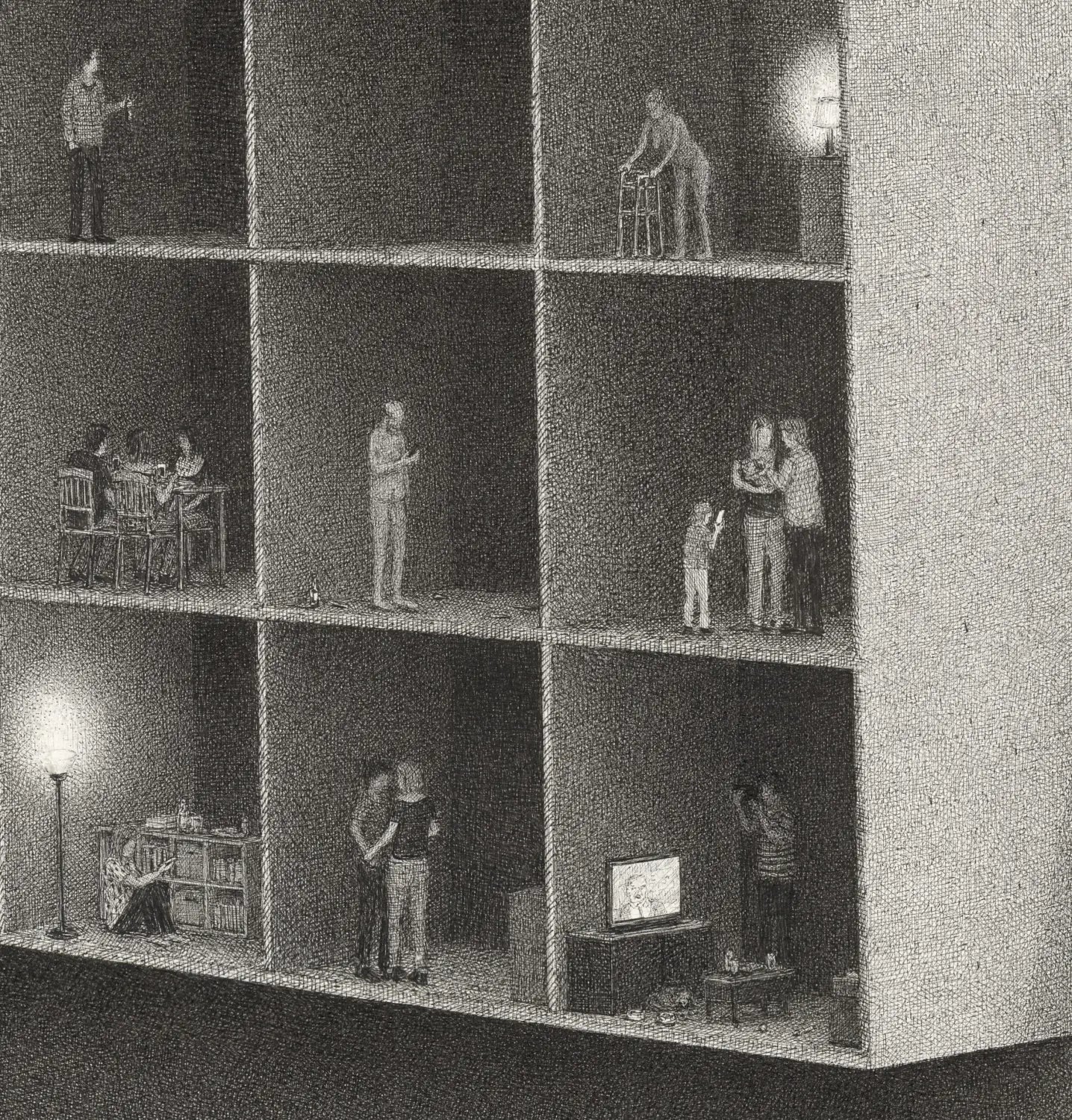 a detail of an elaborate ink drawing by Ben Tolman of figures in an abstract building complex, milling around doing different activities