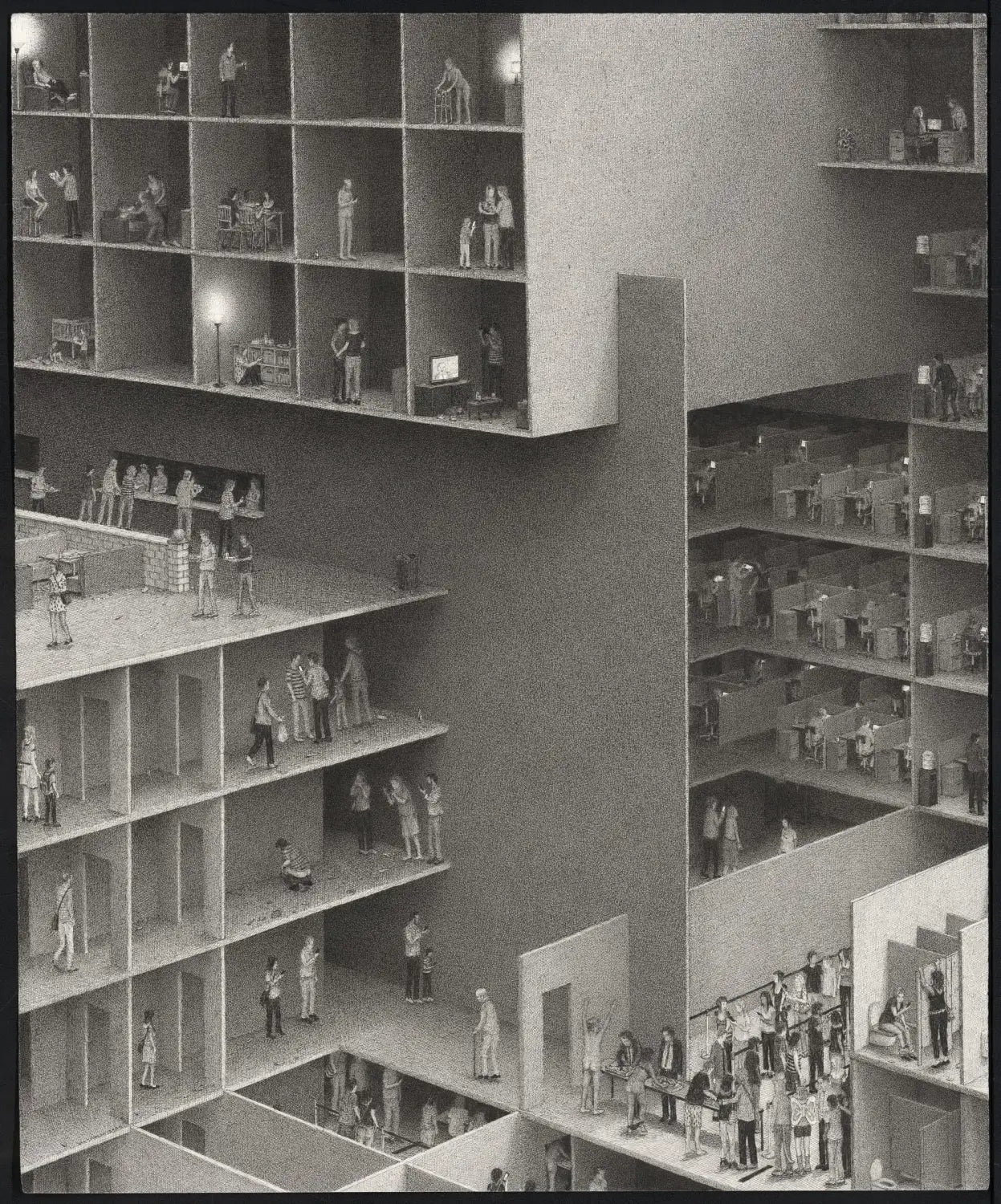 an elaborate ink drawing by Ben Tolman of figures in an abstract building complex, milling around doing different activities