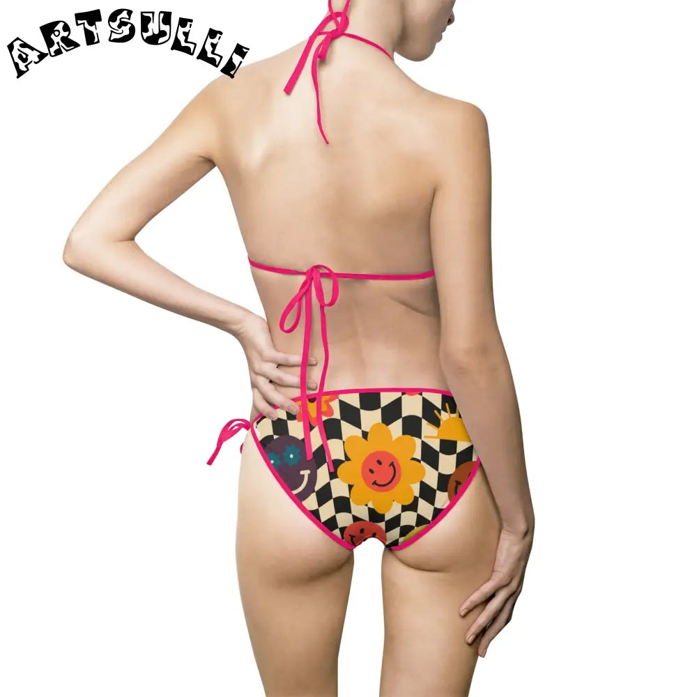 Trippy Checkerboard Smiley Bikini Swimsuit, Artsulli - Art is Long, Life is Short, All Over Prints, , , , , , , 