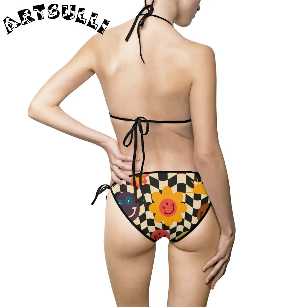 Trippy Checkerboard Smiley Bikini Swimsuit, Artsulli - Art is Long, Life is Short, All Over Prints, , , , , , , 
