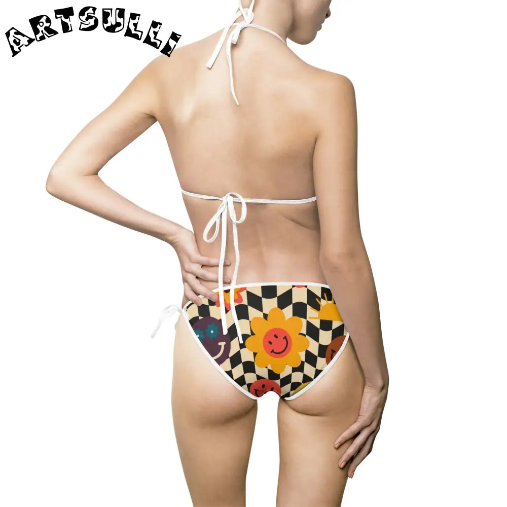 Trippy Checkerboard Smiley Bikini Swimsuit, Artsulli - Art is Long, Life is Short, All Over Prints, , , , , , , 
