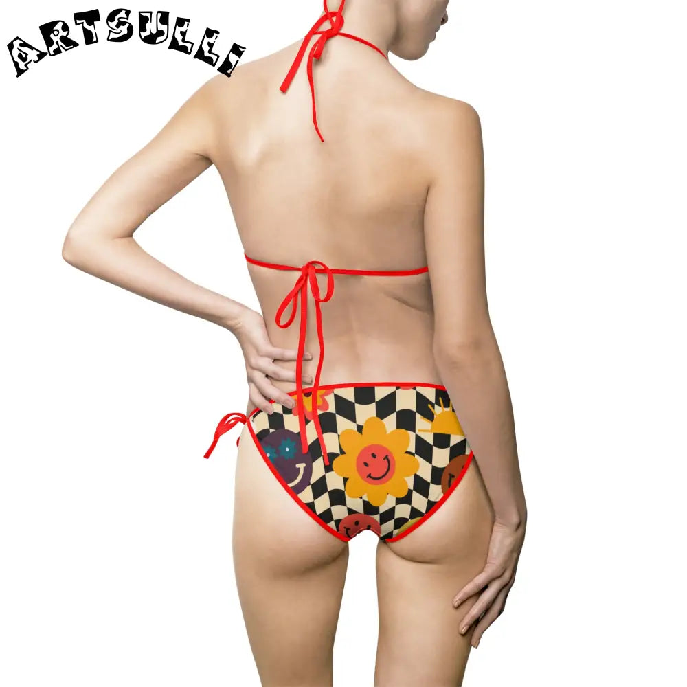 Trippy Checkerboard Smiley Bikini Swimsuit, Artsulli - Art is Long, Life is Short, All Over Prints, , , , , , , 