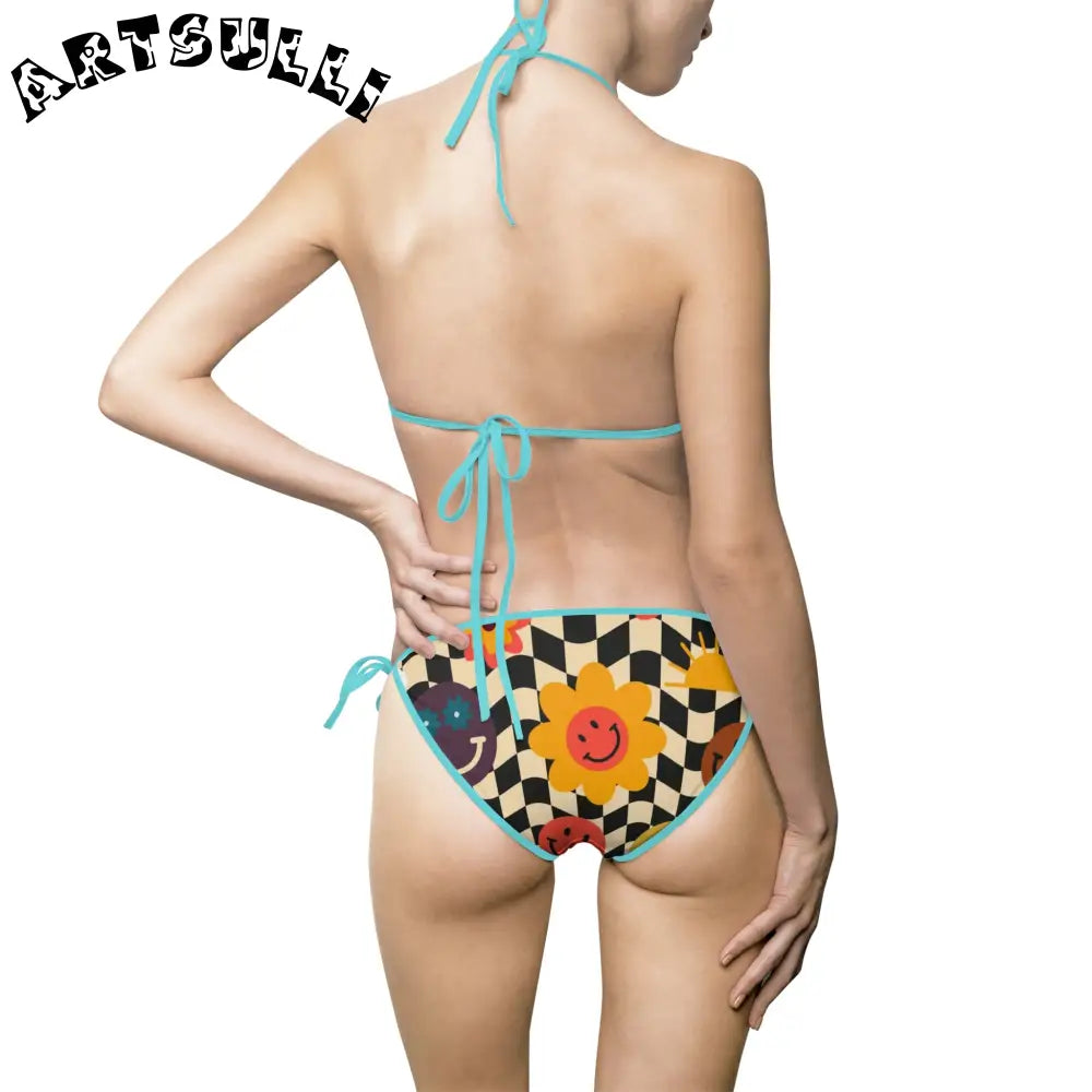 Trippy Checkerboard Smiley Bikini Swimsuit, Artsulli - Art is Long, Life is Short, All Over Prints, , , , , , , 