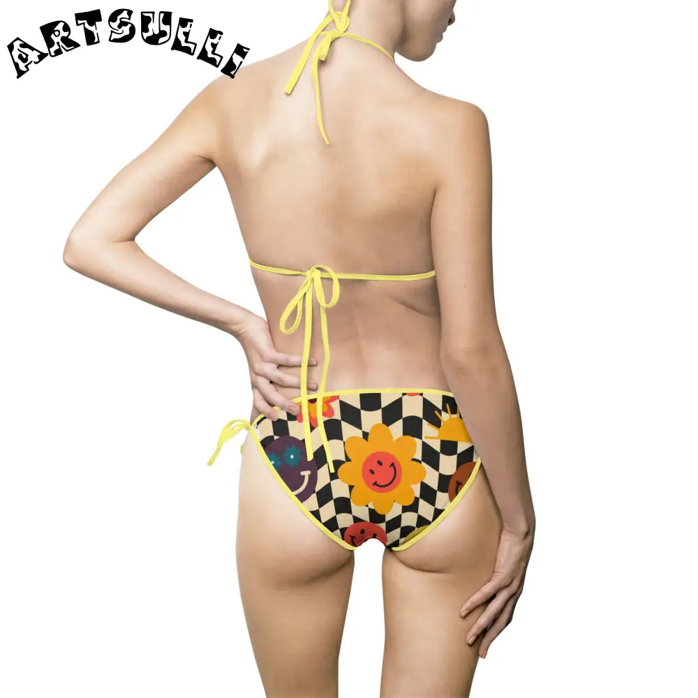 Trippy Checkerboard Smiley Bikini Swimsuit, Artsulli - Art is Long, Life is Short, All Over Prints, , , , , , , 