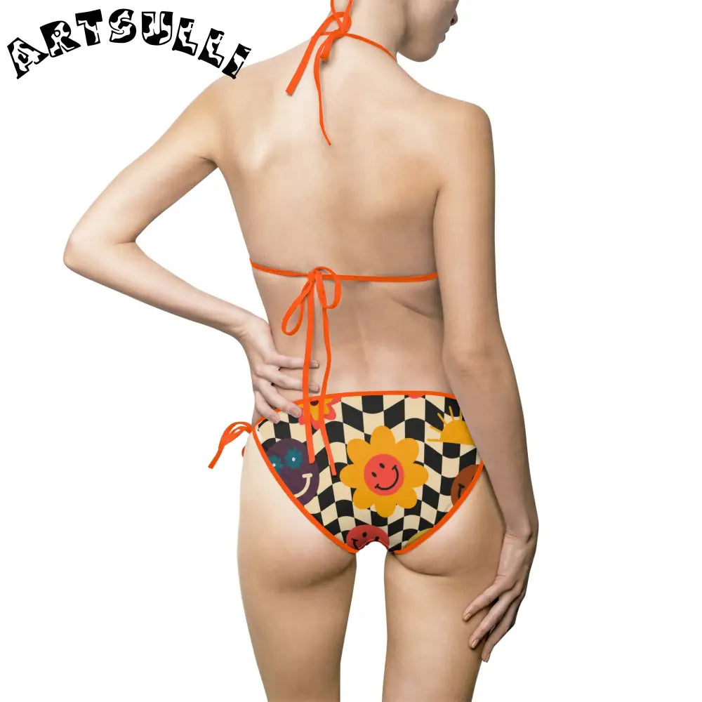 Trippy Checkerboard Smiley Bikini Swimsuit, Artsulli - Art is Long, Life is Short, All Over Prints, , , , , , , 