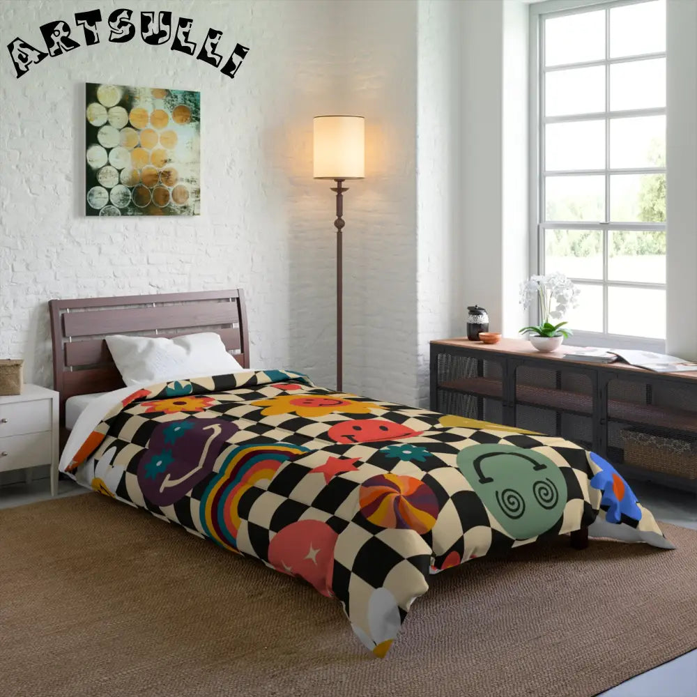 Trippy Checkerboard Smiley Face Blanket, Artsulli - Art is Long, Life is Short, Home Decor, , , , , , , 
