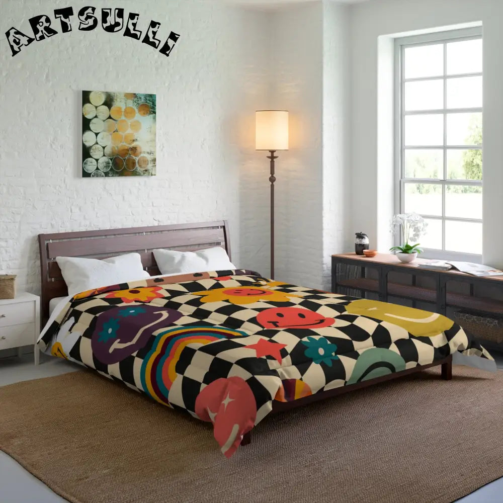 Trippy Checkerboard Smiley Face Blanket, Artsulli - Art is Long, Life is Short, Home Decor, , , , , , , 