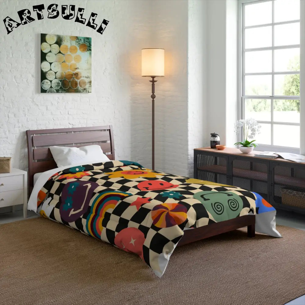 Trippy Checkerboard Smiley Face Blanket, Artsulli - Art is Long, Life is Short, Home Decor, , , , , , , 