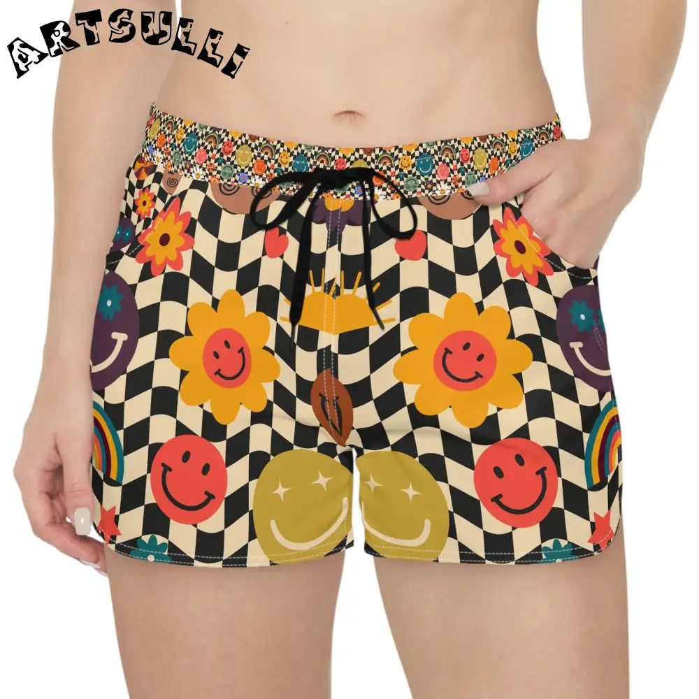Trippy Checkerboard Smiley Face Shorts, Artsulli - Art is Long, Life is Short, All Over Prints, , , , , , , 