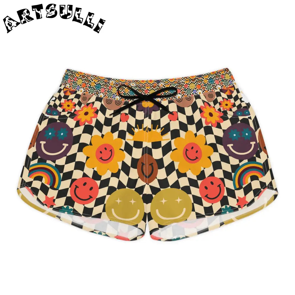 Trippy Checkerboard Smiley Face Shorts, Artsulli - Art is Long, Life is Short, All Over Prints, Size, S, Color, Black drawstring, , , 22237939152820031680