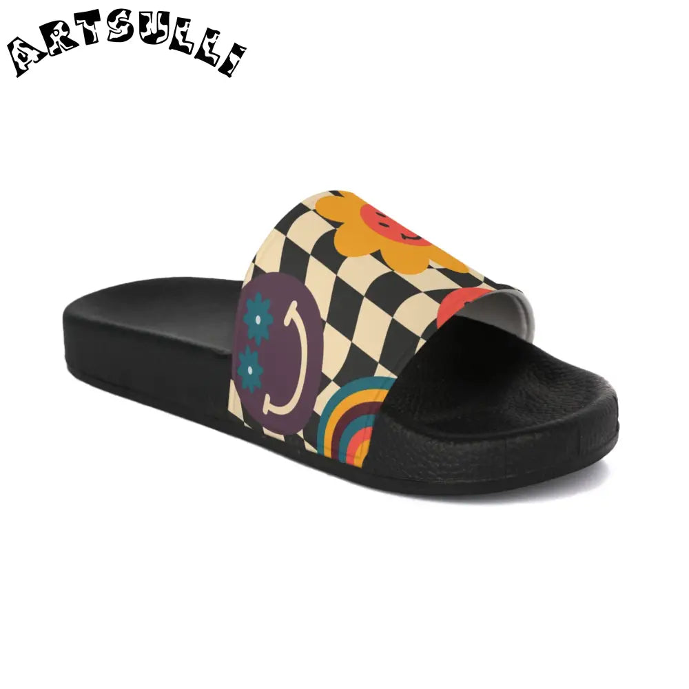 Trippy Checkerboard Smiley Face Slides, Artsulli - Art is Long, Life is Short, Shoes, , , , , , , 