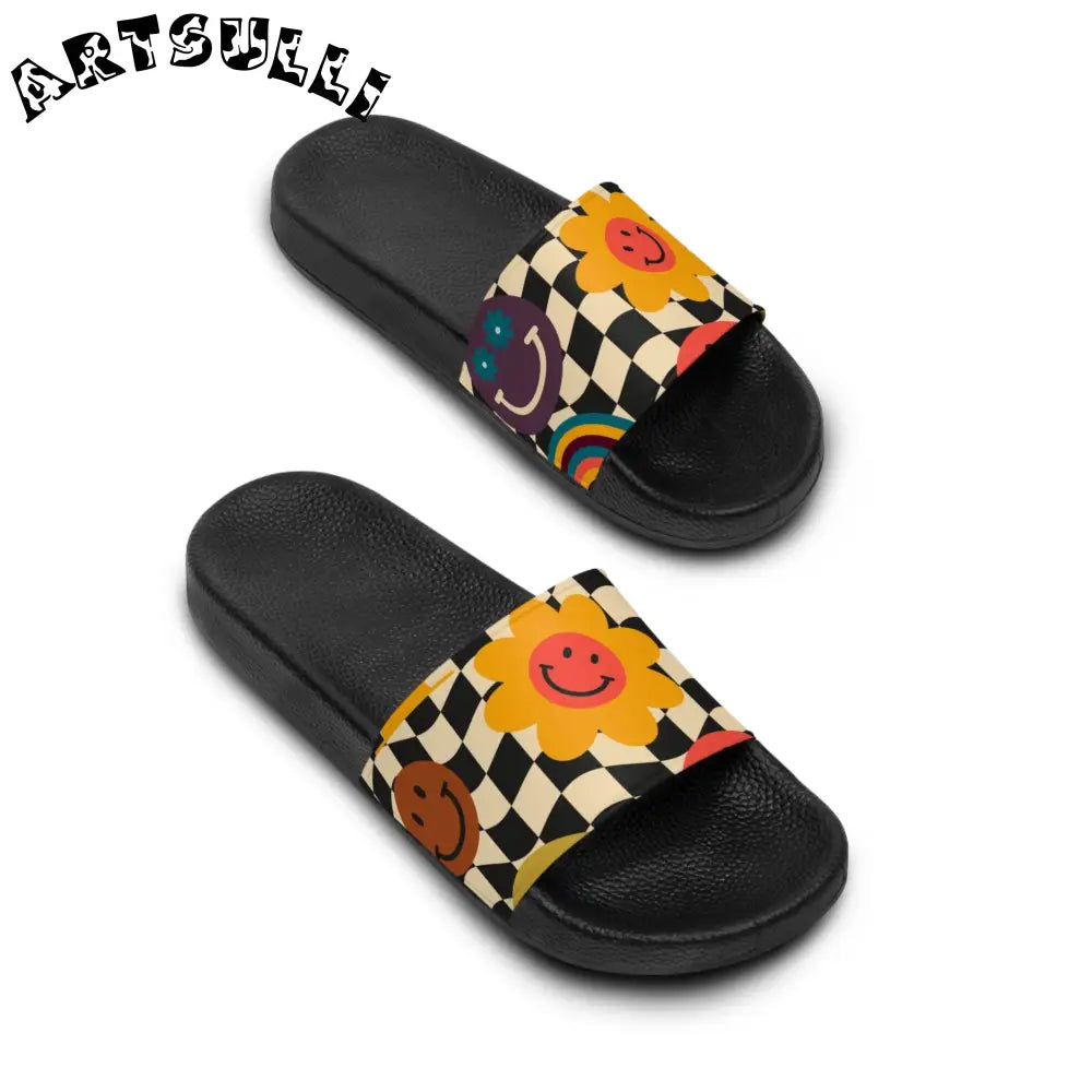 Trippy Checkerboard Smiley Face Slides, Artsulli - Art is Long, Life is Short, Shoes, , , , , , , 
