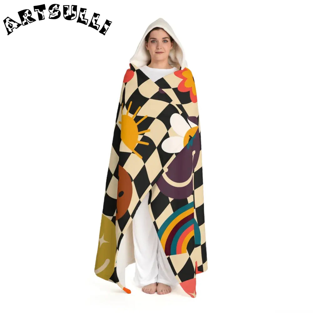 Trippy Checkerboard Smiley Hooded Blanket, Artsulli - Art is Long, Life is Short, All Over Prints, , , , , , , 