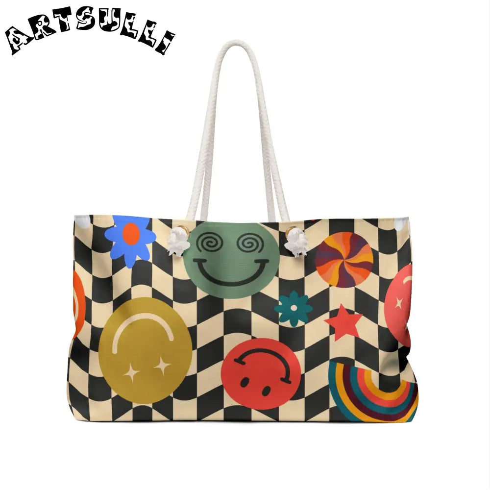 Trippy Checkerboard Smiley Oversized Weekender Tote, Artsulli - Art is Long, Life is Short, Bags, , , , , , , 