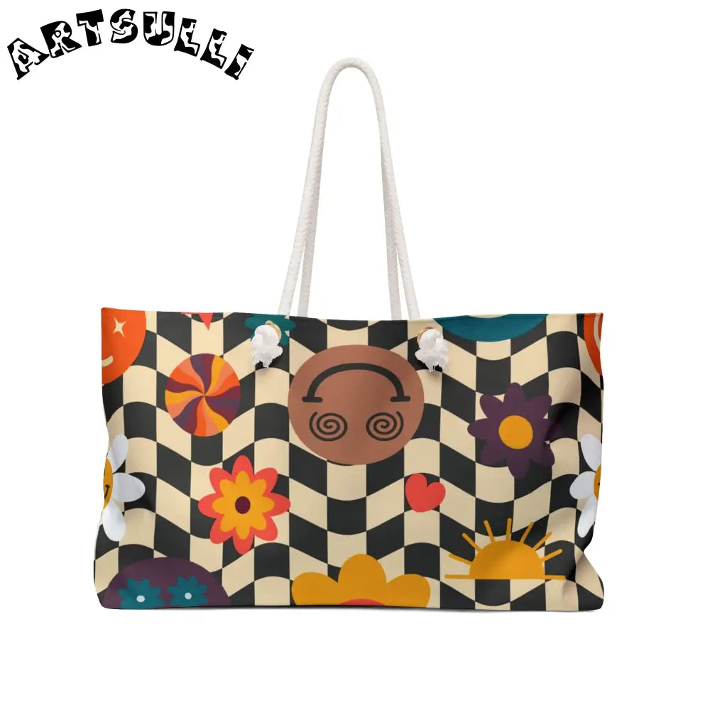 Trippy Checkerboard Smiley Oversized Weekender Tote, Artsulli - Art is Long, Life is Short, Bags, Size, 24" × 13", , , , , 29398279873923190502