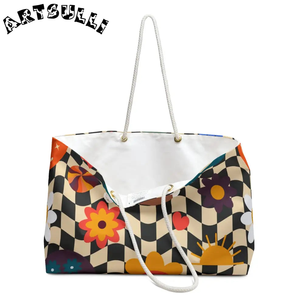 Trippy Checkerboard Smiley Oversized Weekender Tote, Artsulli - Art is Long, Life is Short, Bags, , , , , , , 
