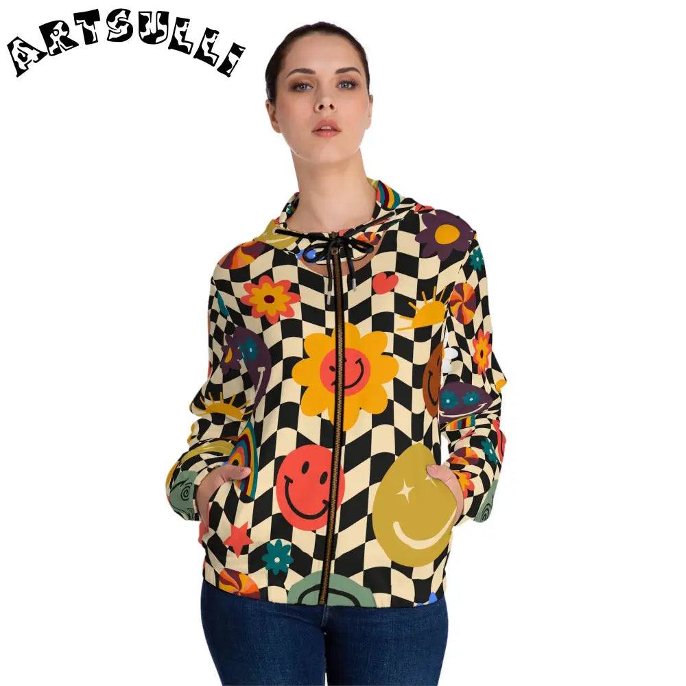 Trippy Checkerboard Smiley Zip Hoodie, Artsulli - Art is Long, Life is Short, All Over Prints, , , , , , , 