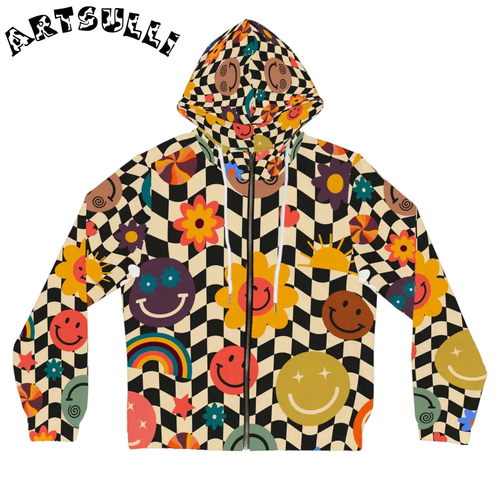 Trippy Checkerboard Smiley Zip Hoodie, Artsulli - Art is Long, Life is Short, All Over Prints, Size, XS, Color, White, , , 51928357614244074823