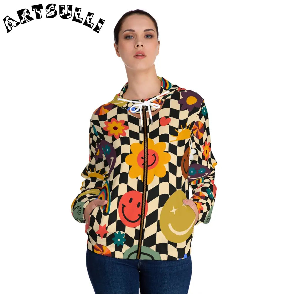 Trippy Checkerboard Smiley Zip Hoodie, Artsulli - Art is Long, Life is Short, All Over Prints, , , , , , , 
